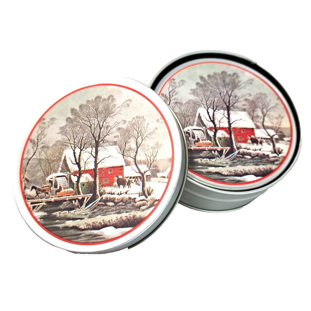 Vtg Currier & Ives Coasters Set of‎ 6 + Tin Container Winter Home Kitchen Decor